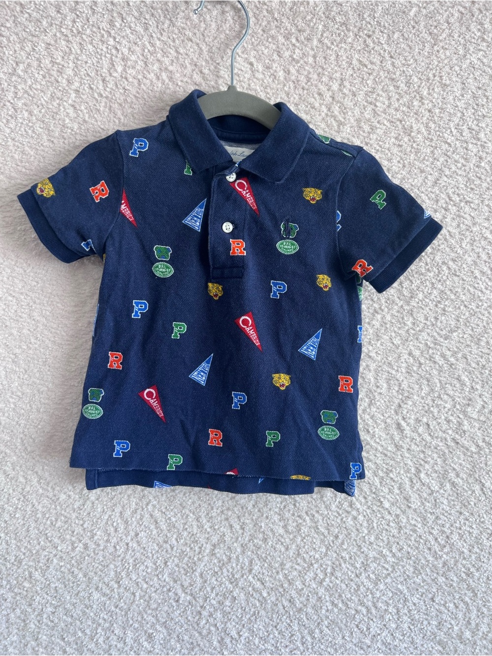 Ralph Lauren Infant Blue Polo Collegiate Pennants‎ Preppy Shirt Size 12 Months